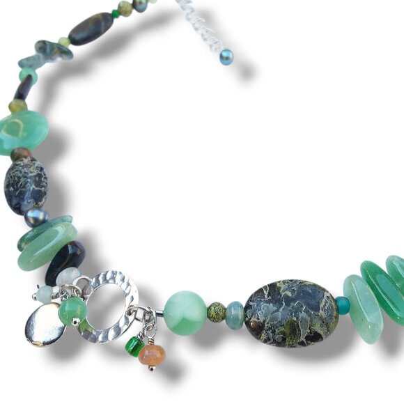 Multi Gemstone Necklace Green Aventurine Agate Pearl 18.5in Custom OOAK - Picture 6 of 11